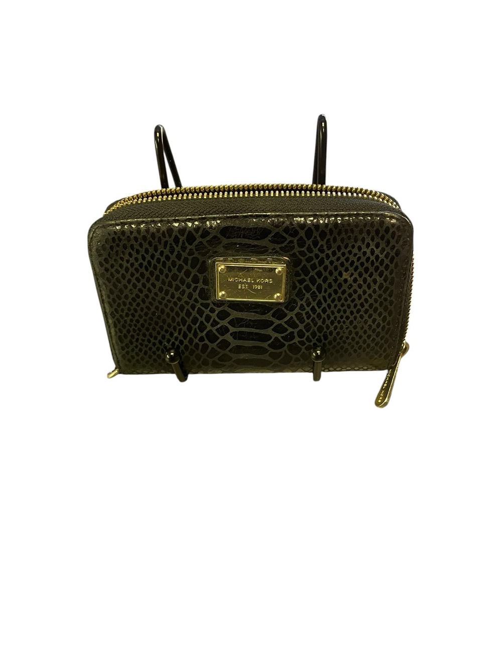 Michael Kors black Snake-Embossed Zip-Around Wallet with Gold Hardware 5 x 4”
